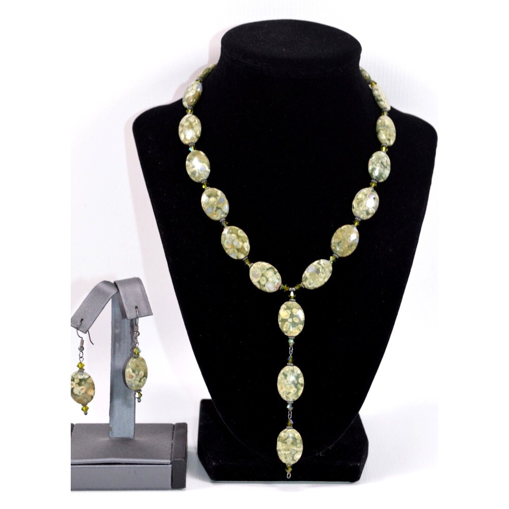 Chunky Green Variegated‎ Flat Oval Stone Necklace w/ Dangle 19"  & Earrings 2"